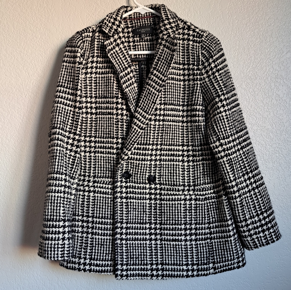 Talbots Black And White Houndstooth Wool Blend Jacket Size 8 Petite
